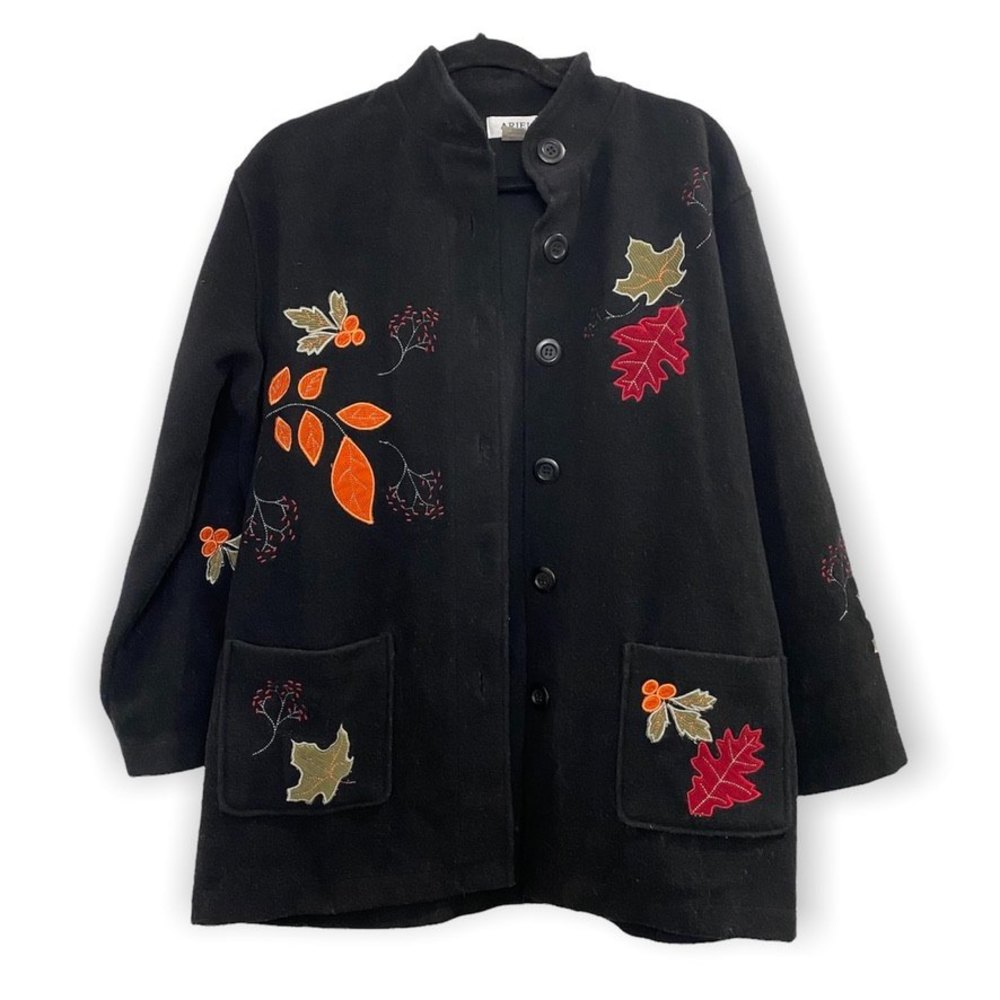 Vintage Autumn Fall Leaves Decorative Coat Black Size Small